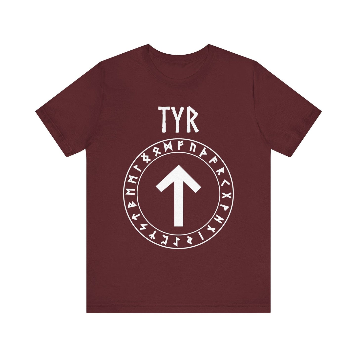 Maroon / S Tyr Norse God Tiwaz Rune with Futhark Runes T-shirt