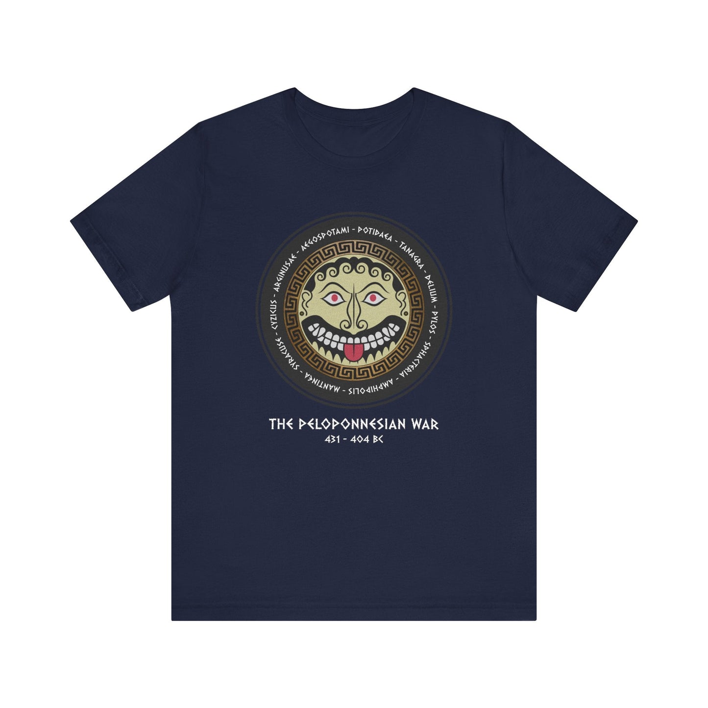 Navy / S The Peloponnesian War Battles - Greek Gorgon Hoplite Shield T-Shirt