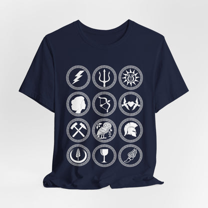 Navy / S The Twelve Olympians Symbols - Greek Gods and Goddesses - Greek Mythology T-shirt