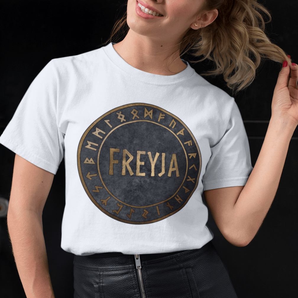 White / S Freyja Norse Goddess with Viking Runes T-Shirt