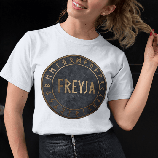 White / S Freyja Norse Goddess with Viking Runes T-Shirt