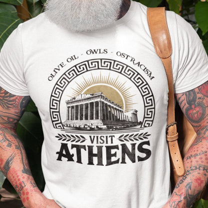 White / S Visit Athens - Olive Oil, Owls, Ostracism - Ancient Greece T-Shirt